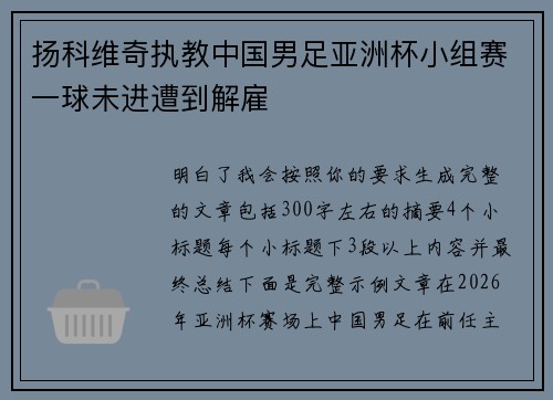 扬科维奇执教中国男足亚洲杯小组赛一球未进遭到解雇 扬科维奇执教中国男足亚洲杯小组赛一球未进遭到解雇